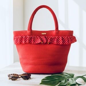 Eric Javits Red Squishee Straw Tote with Polka Dot Ruffle Detail